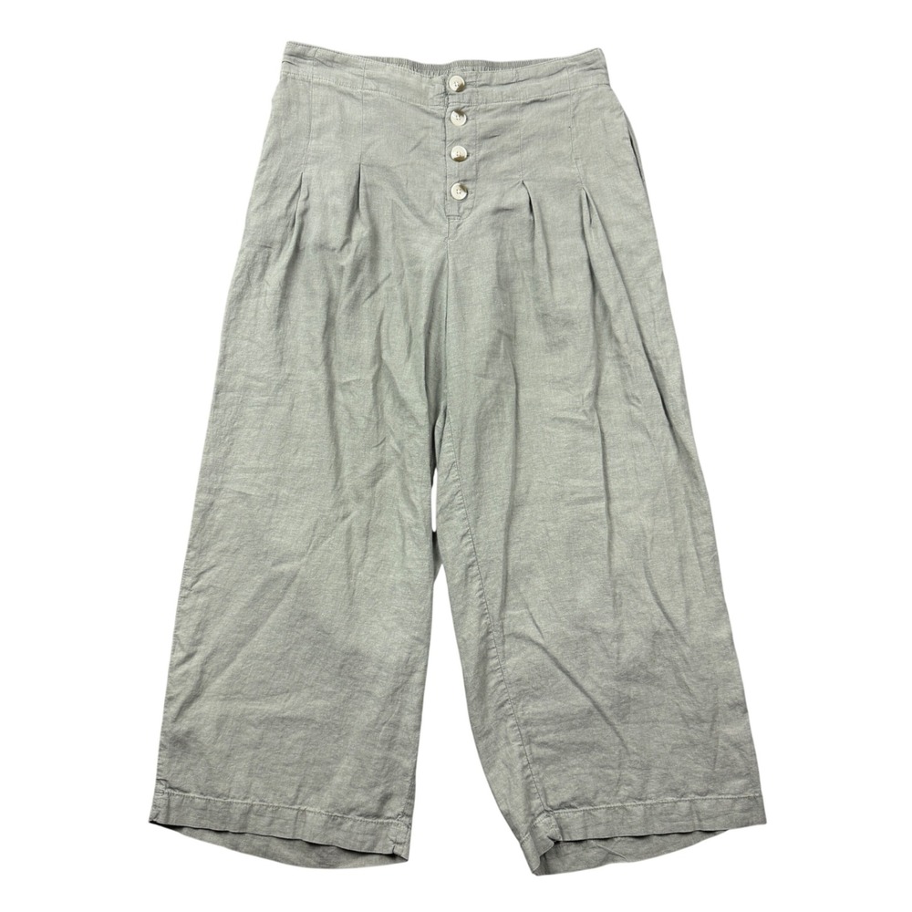 Sincerely Jules Women Medium Green Linen Blend Button Fly Wide Leg Crop Pants